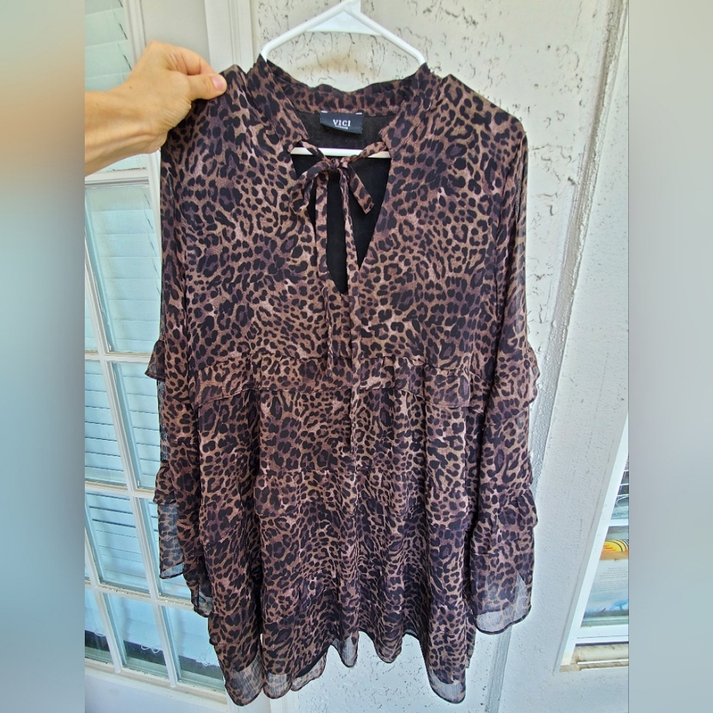 Vici Leopard Animal Print Women's Layeted Ruffle Dress - M